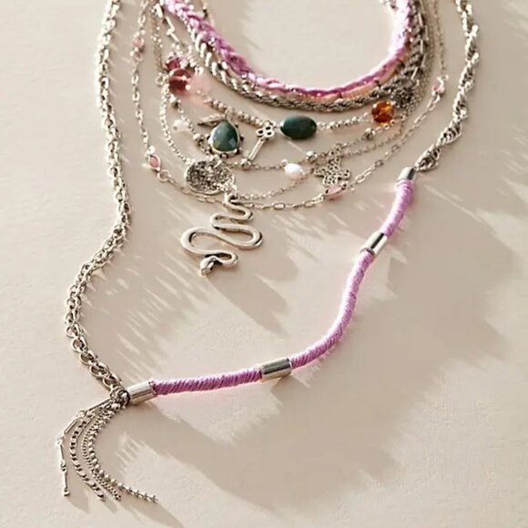FREE PEOPLE Luca Silver Extreme Layered Necklace In Lilac NWT - Picture 1 of 7